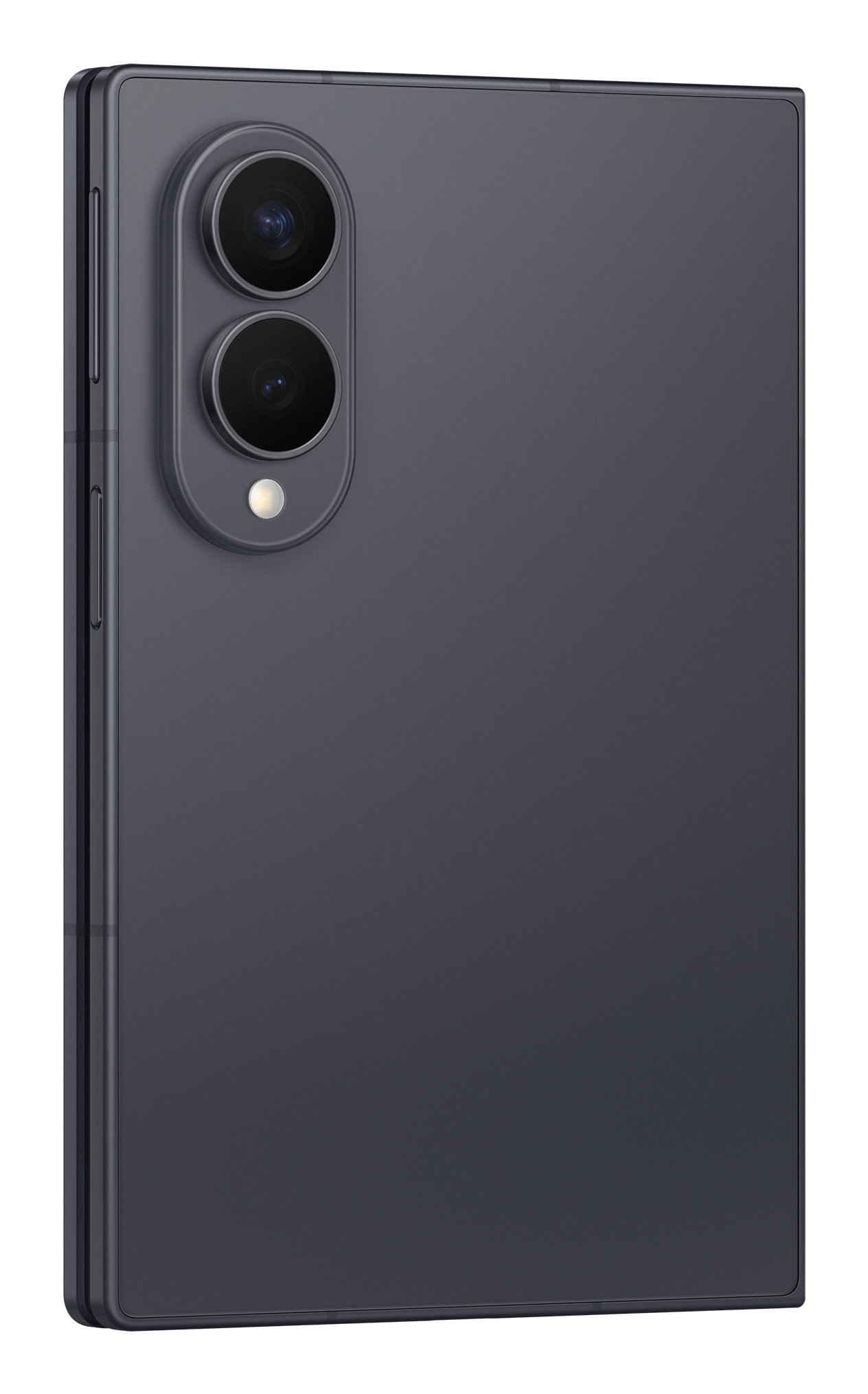 Retro di uno smartphone grigio scuro con modulo a doppia fotocamera verticale e flash.