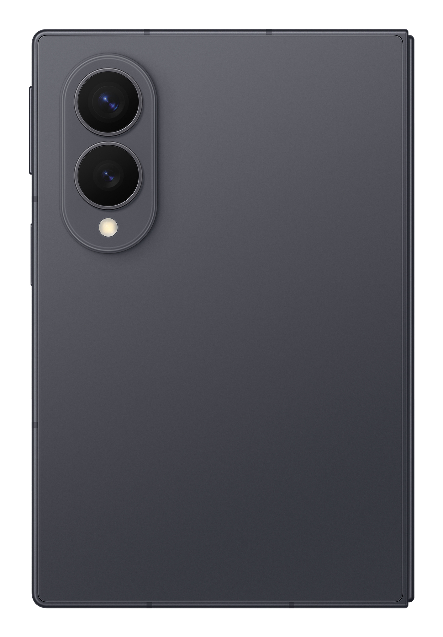 Retro di uno smartphone scuro con due fotocamere verticali e un flash.