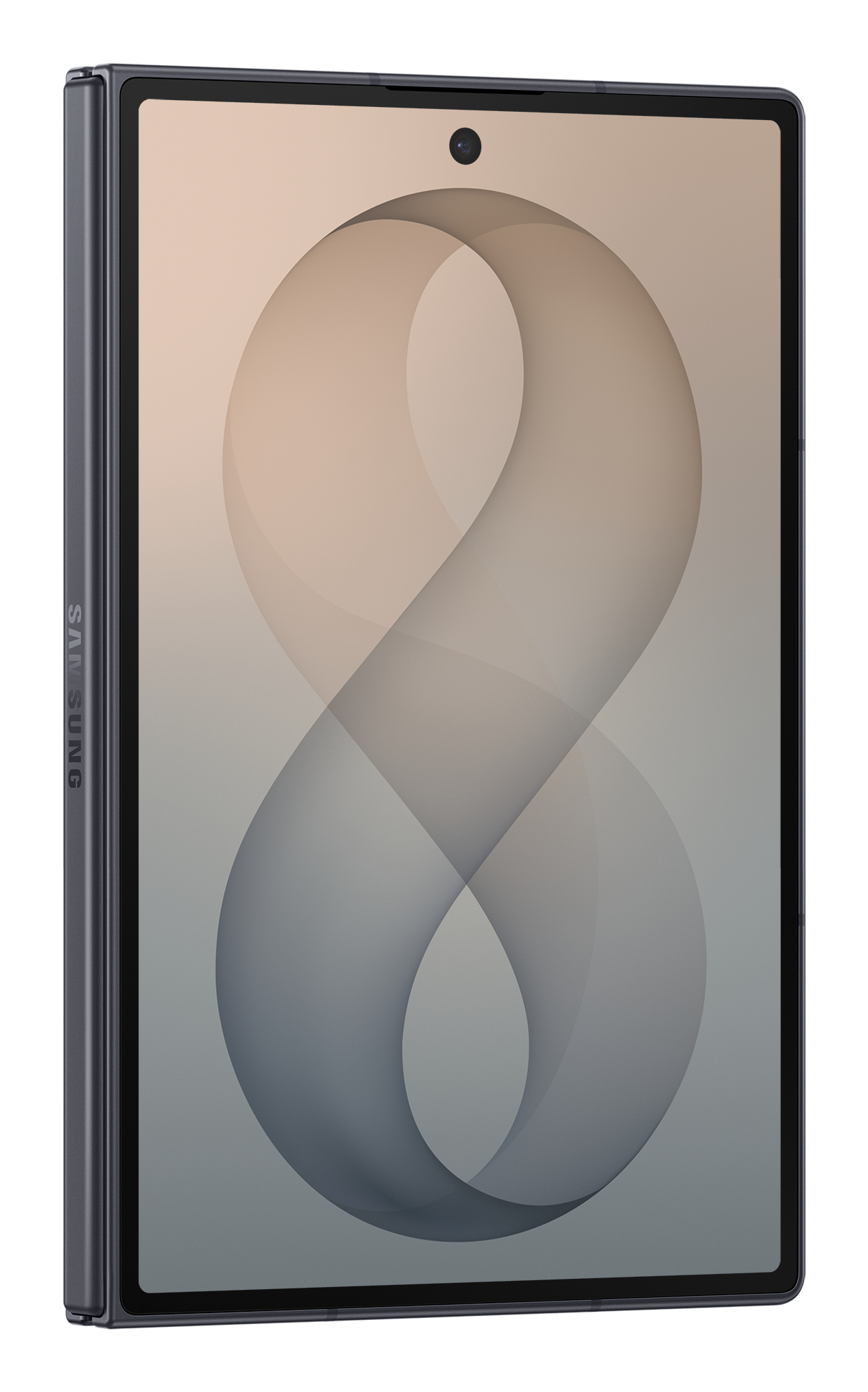 Un tablet Samsung grigio con una grafica fluida a forma di otto sullo schermo.