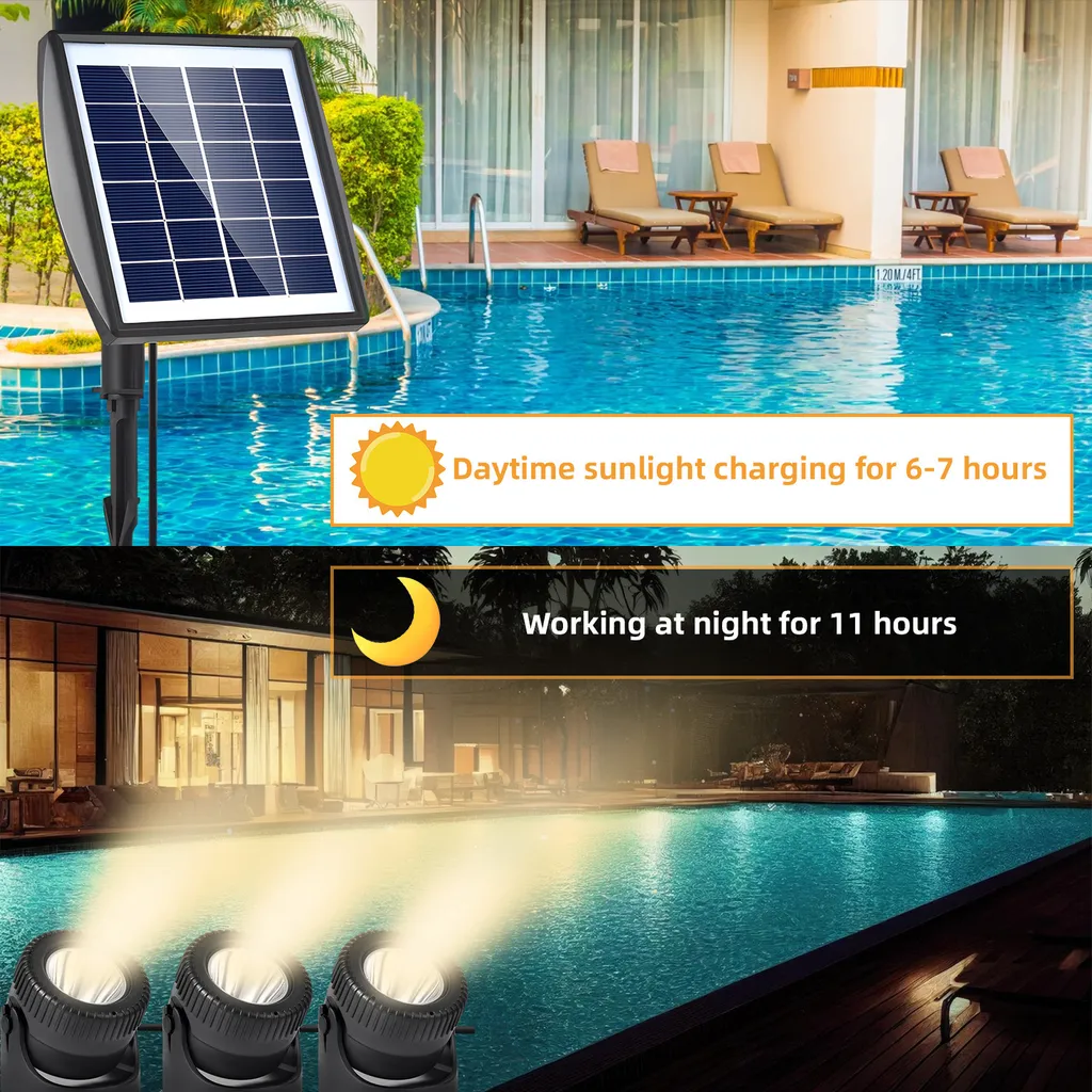 Solarpanel am Tag laden und drei Strahler beleuchten nachts den Poolbereich.