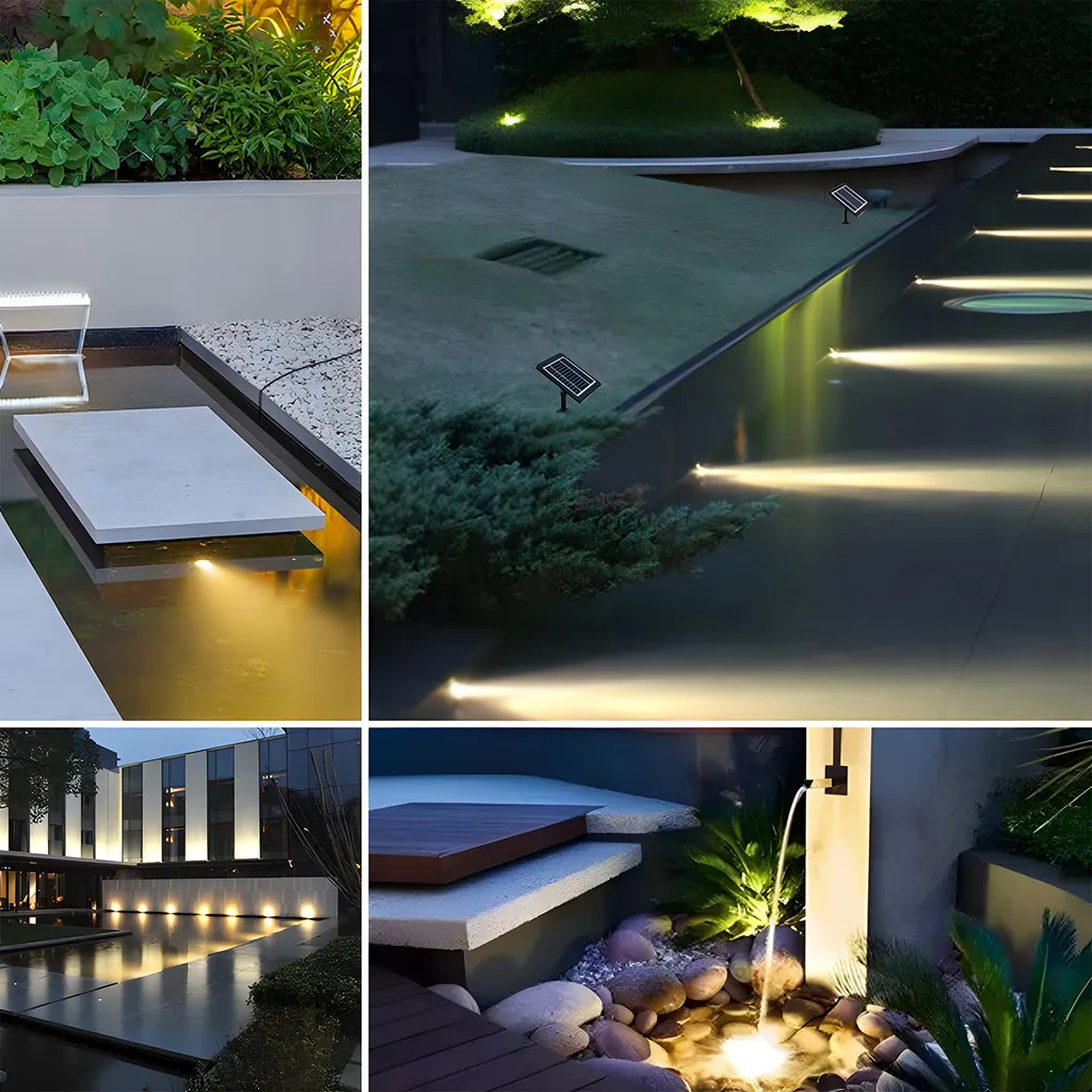 Eine Collage moderner Außenbeleuchtung mit Gartenwegen, Wasserspielen und einem beleuchteten Gebäude.