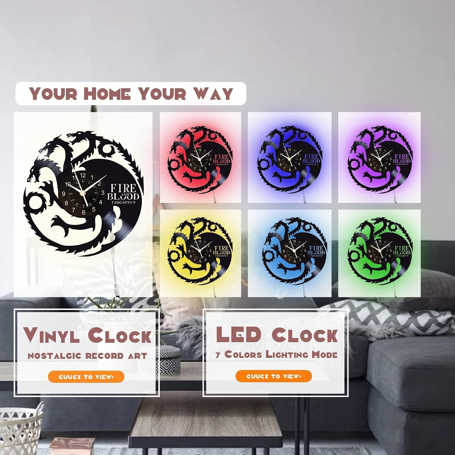 Eine Schallplatten-Wanduhr mit dreiköpfigem Drachen und bunten LED-Hintergrundbeleuchtungen.