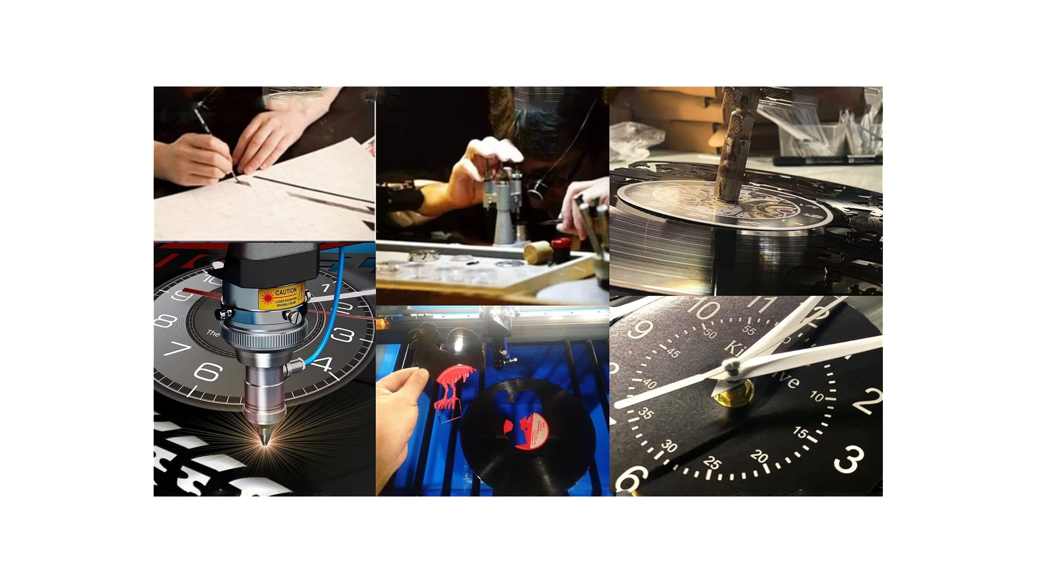 Sechs Bilder zeigen handwerkliche Uhrenherstellung, Laserbearbeitung von Vinylplatten und feine Montagearbeiten.