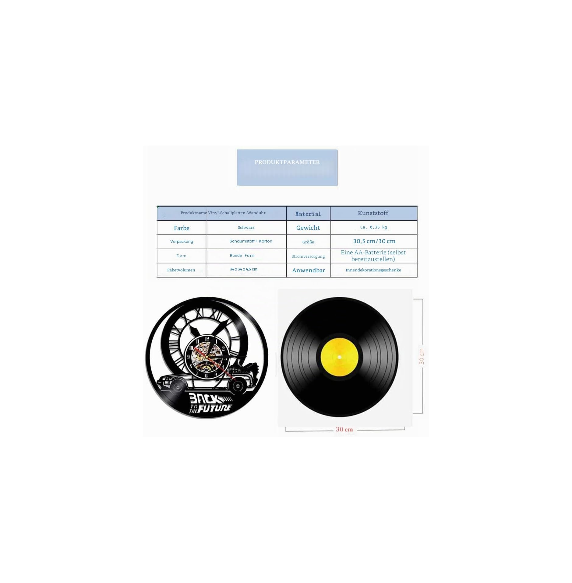 Technische Daten und Bilder einer runden Wanduhr im Back to the Future Vinyl-Design mit 30 cm Durchmesser.