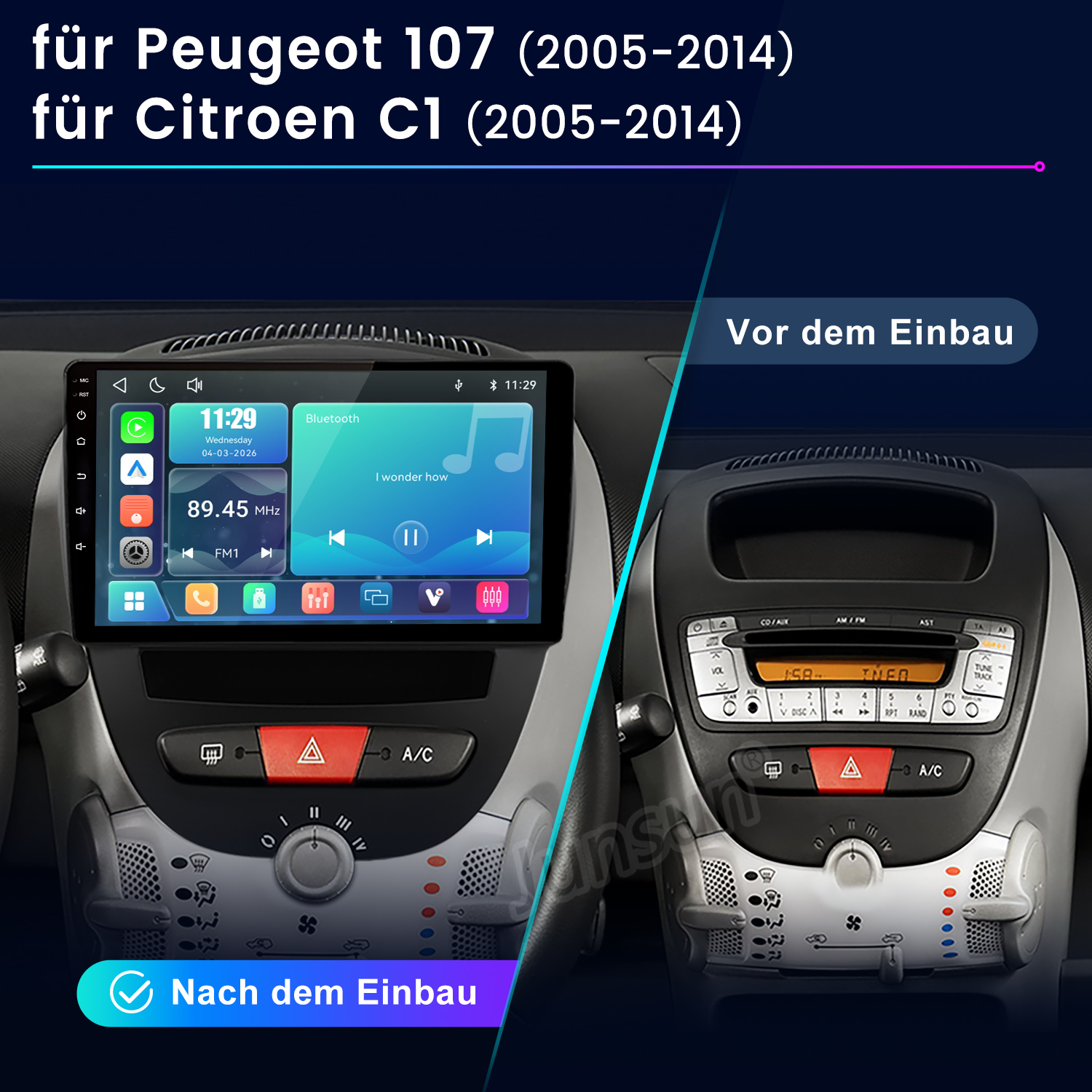 Vergleich Peugeot 107 / Citroen C1: Vor und nach dem Einbau eines modernen Infotainmentsystems mit großem Touchscreen.