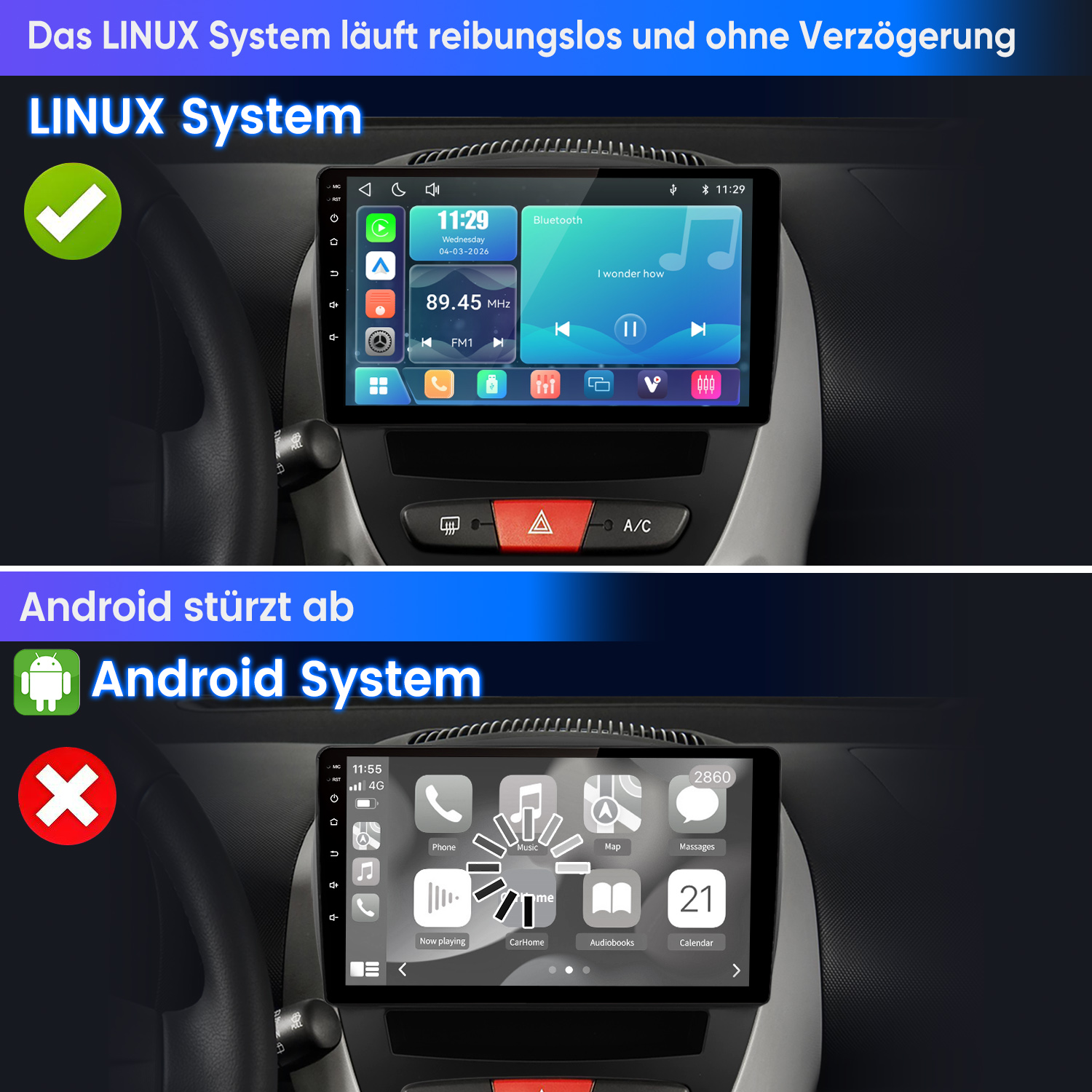Vergleich zweier Auto-Infotainment-Systeme: Linux mit reibungsloser Benutzeroberfläche und Android mit Ladefehler.