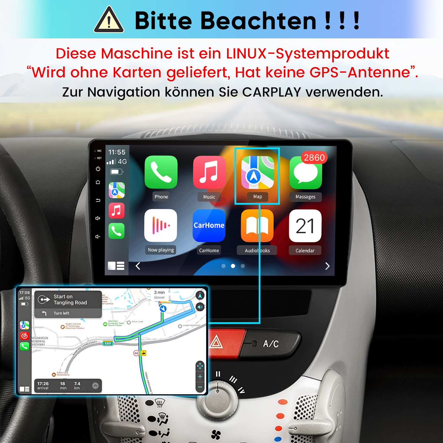 Autobildschirm zeigt CarPlay-Schnittstelle mit Apps und Navigation, Warntext oben.