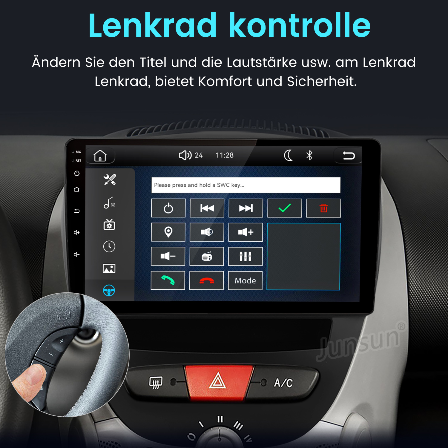 Autodisplay mit Lenkradsteuerungseinstellungen und Inset-Bild des Lenkrads.