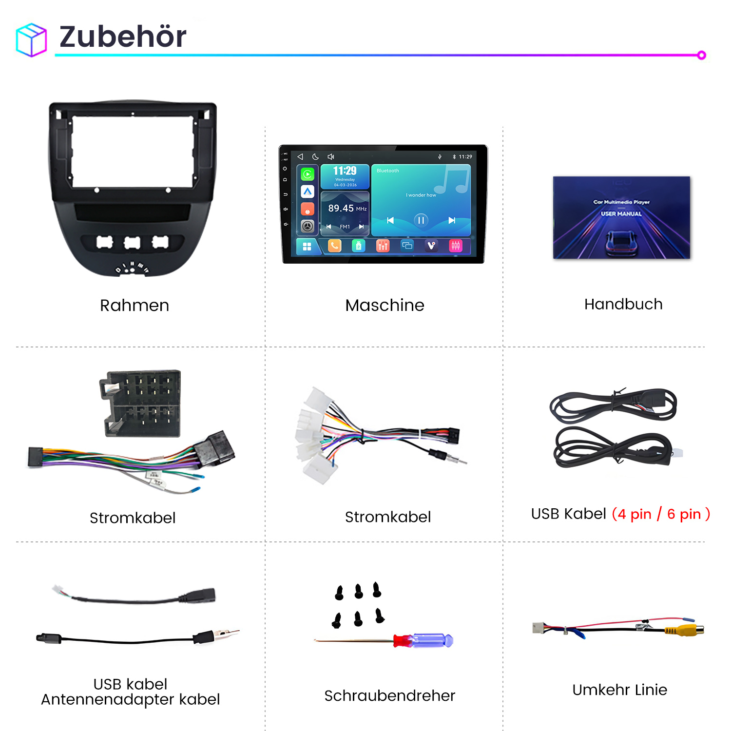 Übersicht von Autozubehörteilen inklusive Rahmen, Multimedia-Display, Kabeln, Handbuch und Werkzeug.