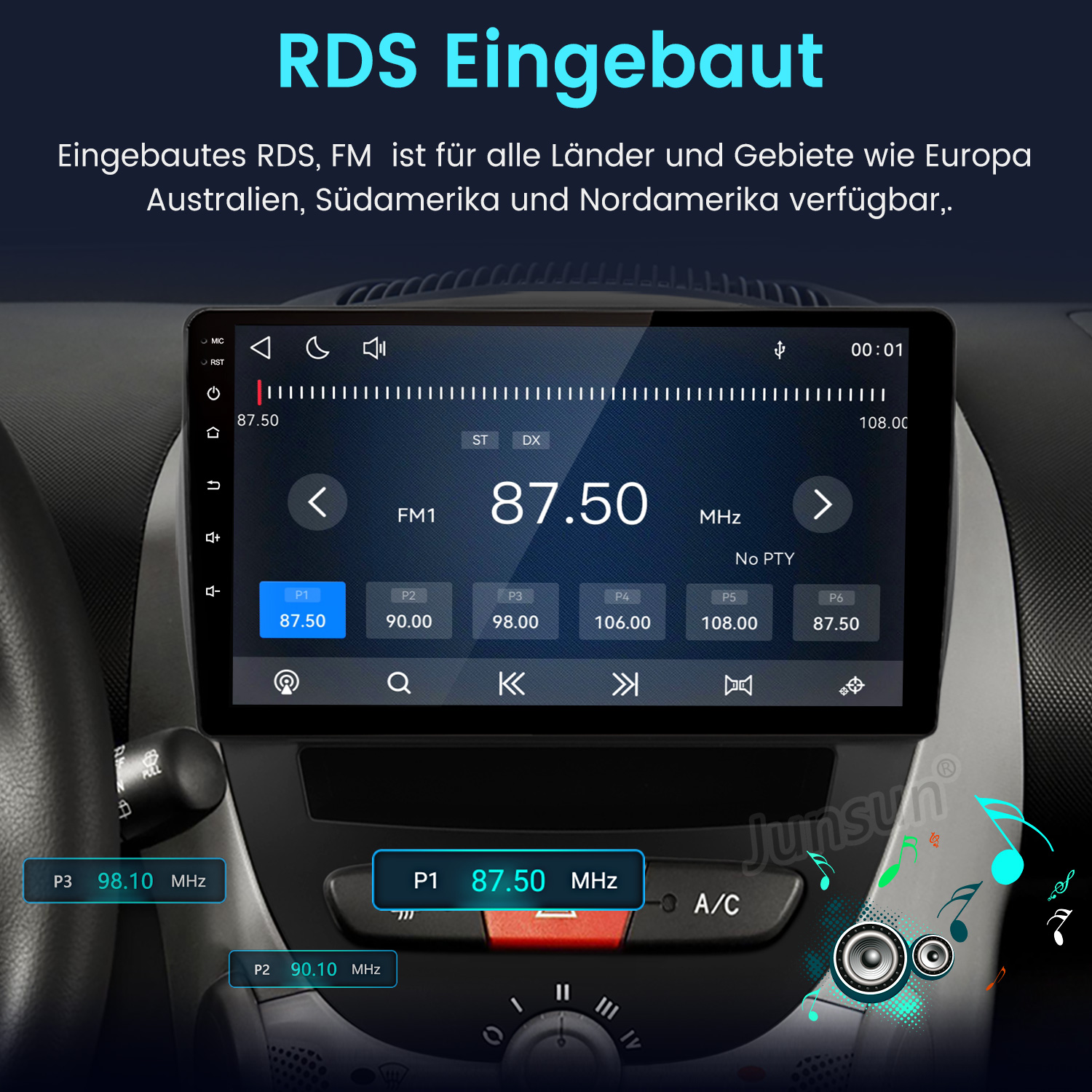 Autoradio mit Touchscreen in einer Armaturenverkleidung, das FM 87.50 MHz anzeigt.