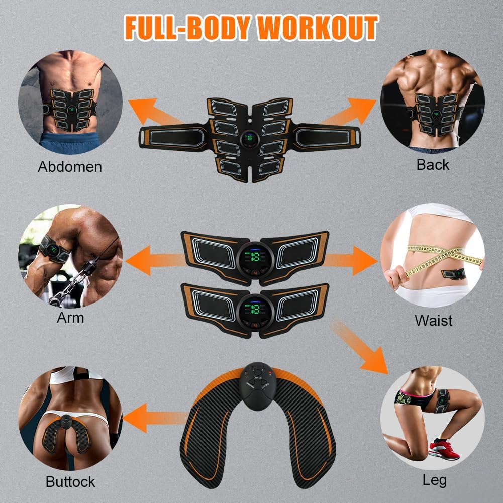 Verschiedene Fitnessgeräte zur Muskelstimulation an Bauch, Rücken, Armen, Taille, Gesäß und Beinen.