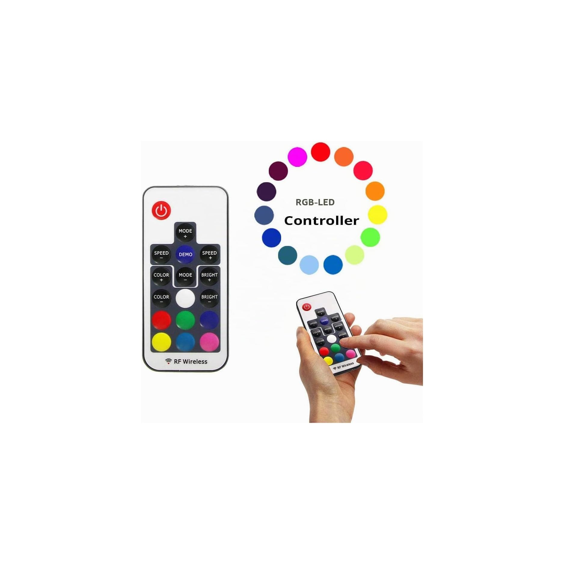 Eine Hand bedient eine kleine weiße RF-Wireless-Fernbedienung mit bunten Tasten für einen RGB-LED-Controller.