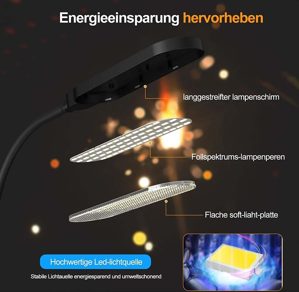 Explosionsansicht einer schwarzen LED-Lampe mit Lampenschirm, Vollspektrum-Birnen und Soft-Light-Platte mit deutschem Text.