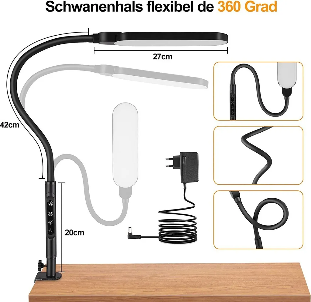 Technische Zeichnung einer flexiblen schwarzen Klemmlampe mit Maßen und Steckdosennetzteil.