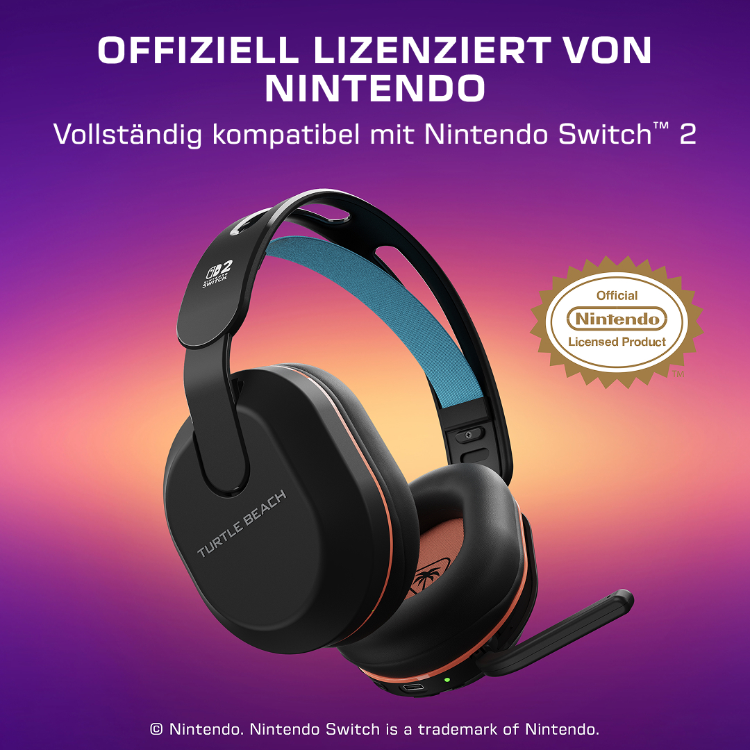 Cuffie gaming Turtle Beach nere con archetto blu e licenza Nintendo Switch 2.