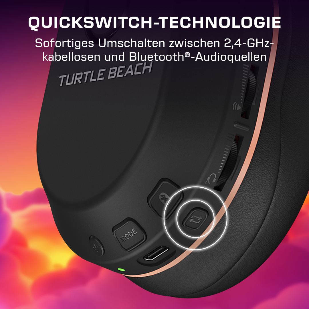 Primo piano di un headset nero Turtle Beach che evidenzia il pulsante QuickSwitch e i controlli.