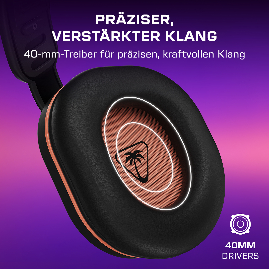 Primo piano di cuffie nere con driver da 40 mm e logo arancione su sfondo viola.
