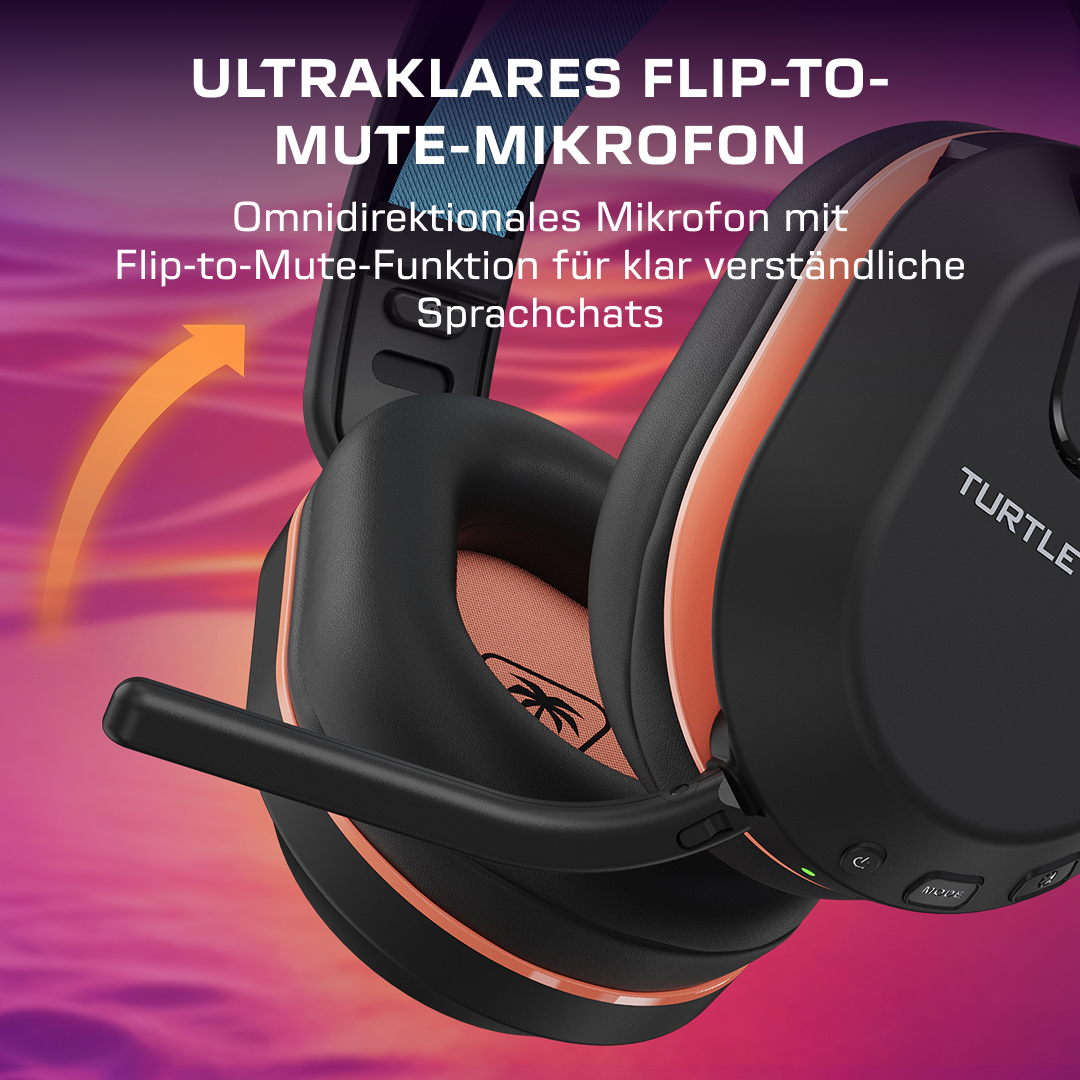 Padiglione auricolare per cuffie da gioco nero con accento arancione e braccio del microfono ribaltabile su sfondo sfocato.