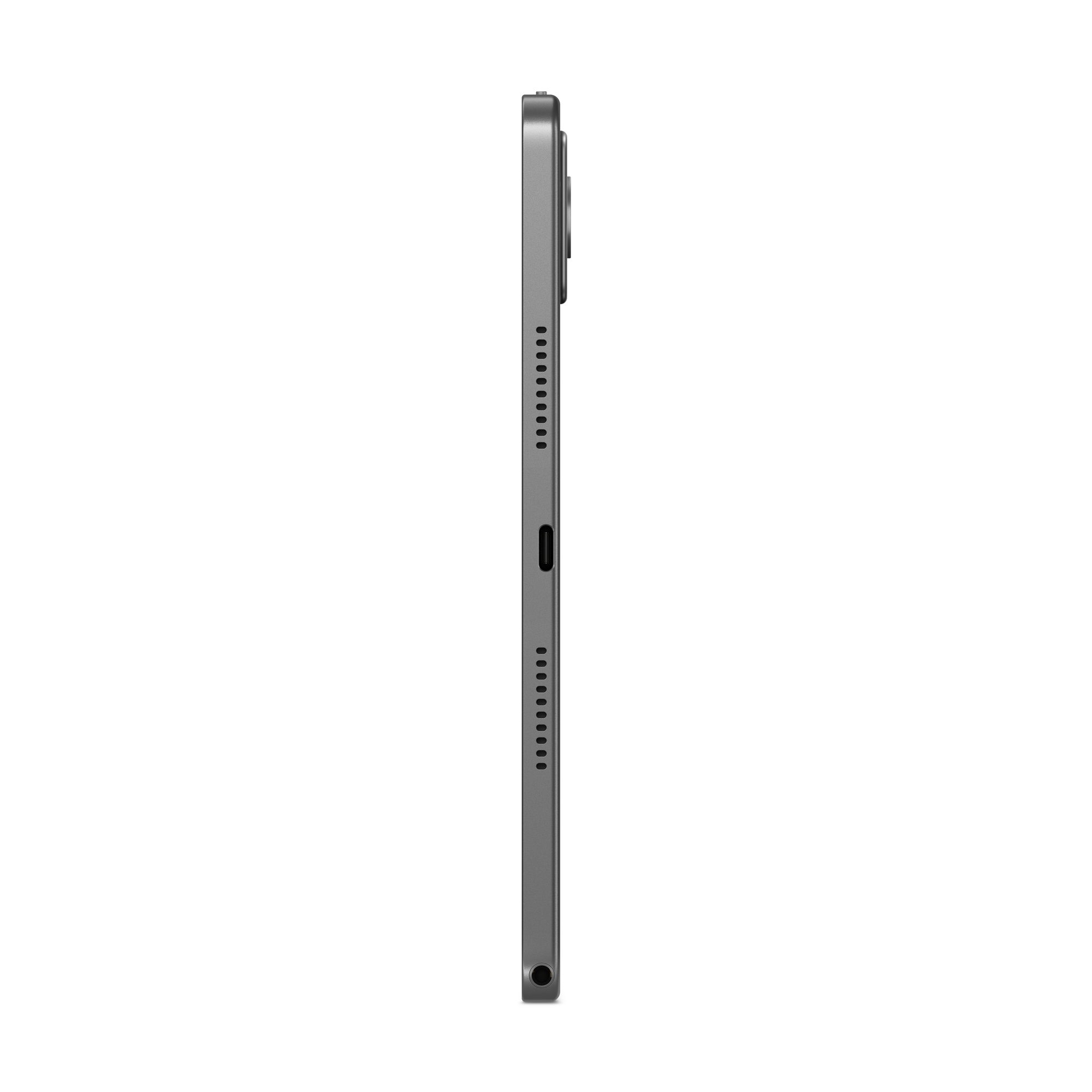 Vista laterale di un tablet grigio con porta USB-C, griglie degli altoparlanti e fotocamera su sfondo bianco.