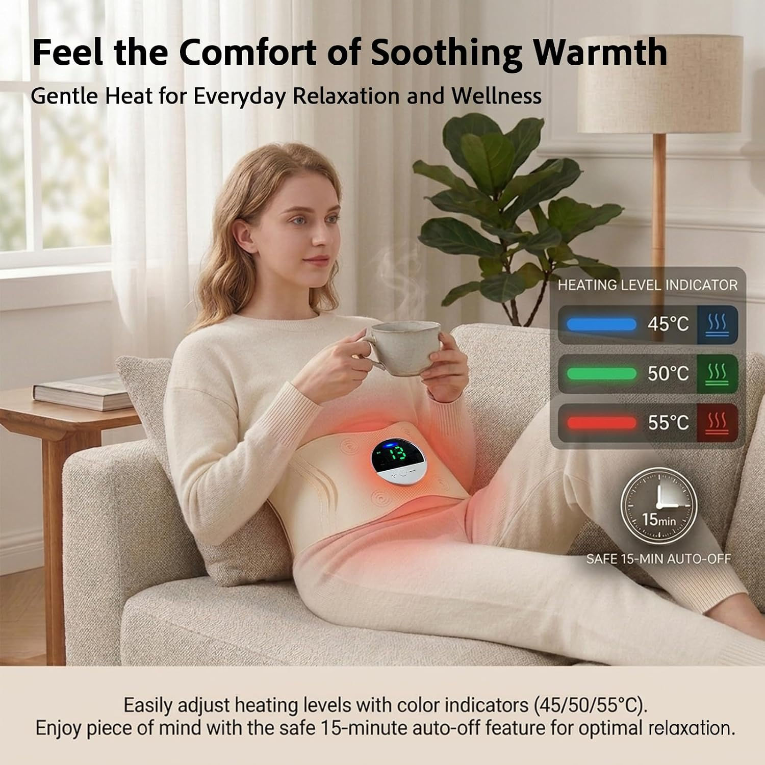 Eine Frau entspannt auf einem Sofa mit Wärmegürtel und Teetasse.