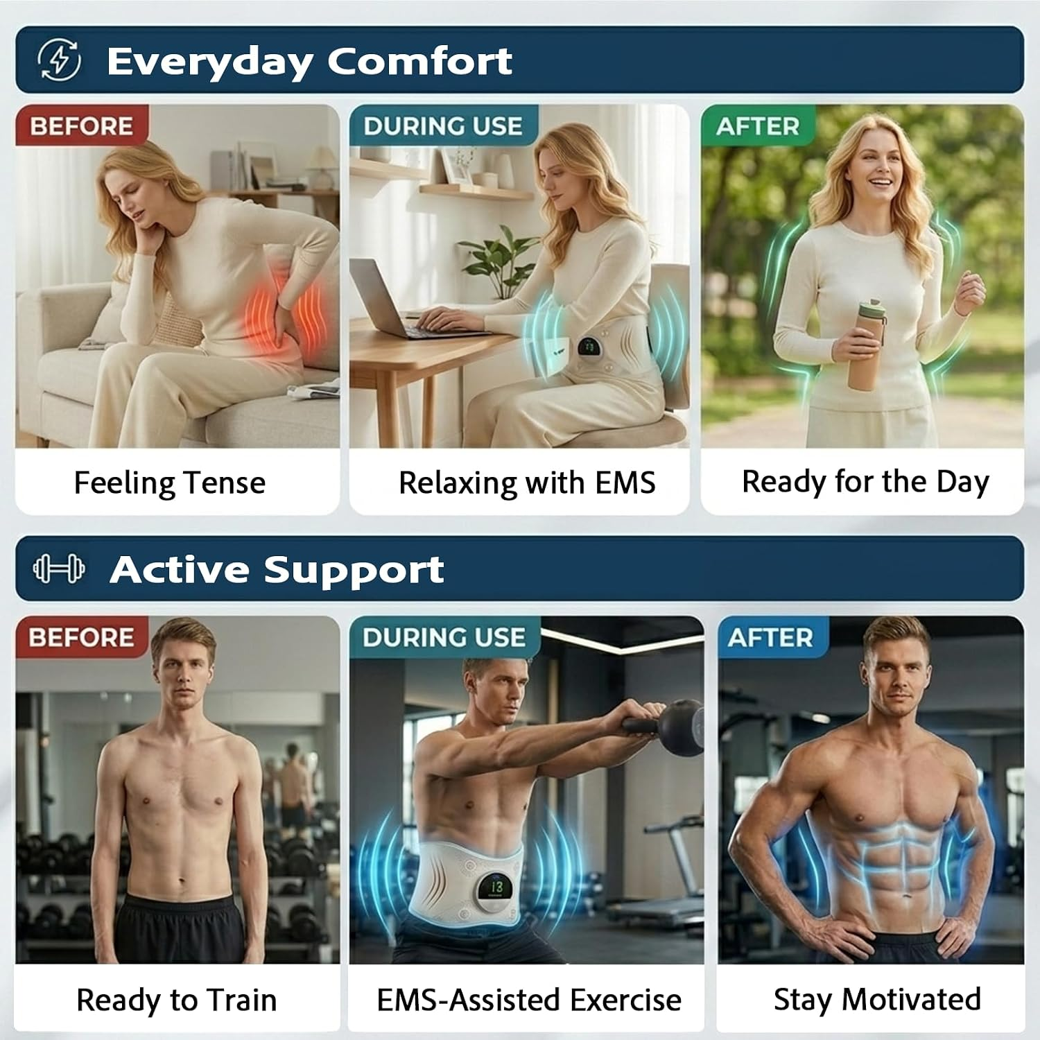 Vorher-Nachher-Vergleich zeigt Personen mit EMS-Gürtel für Komfort und Trainingsunterstützung.
