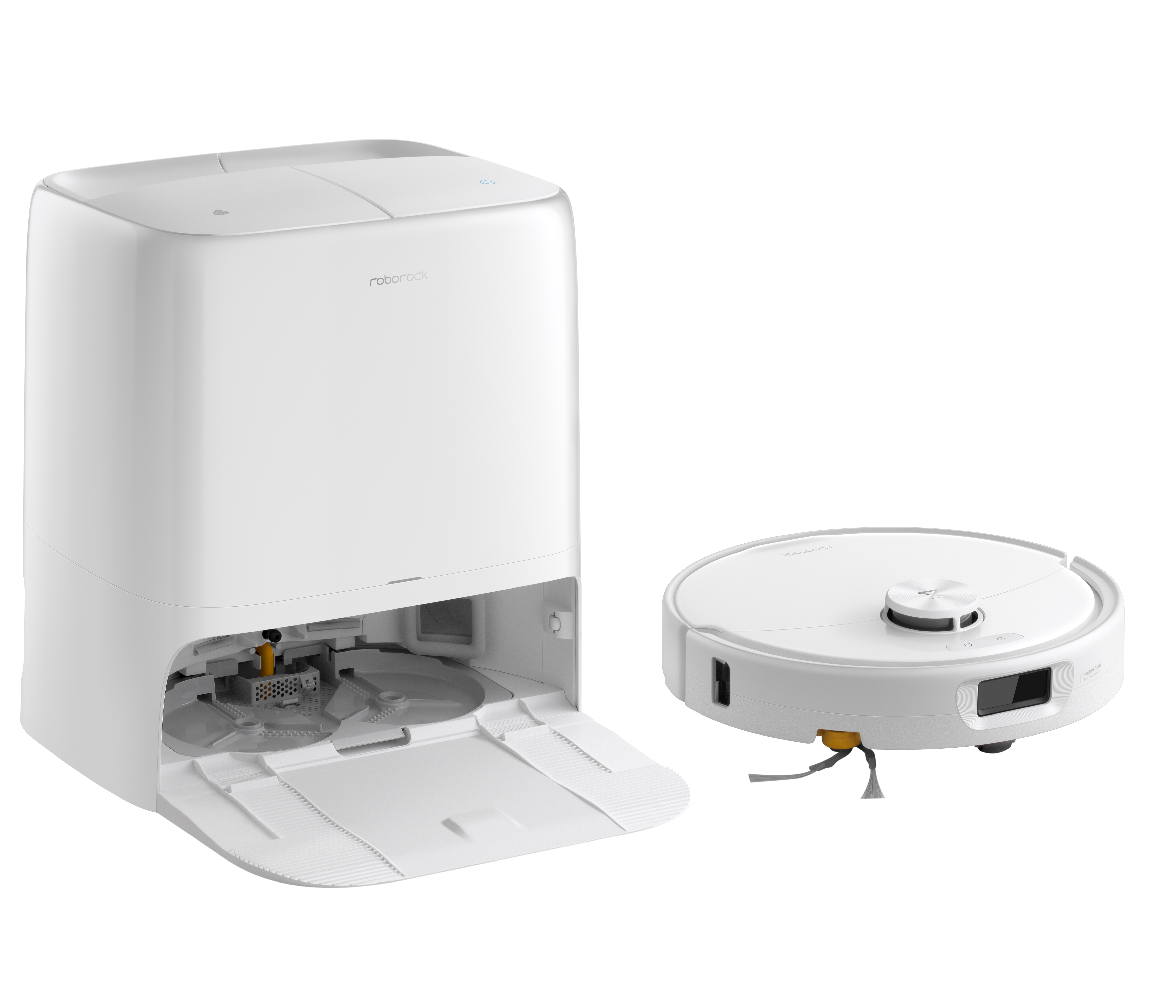 Ein weißer Roborock Saugroboter mit seiner großen automatischen Reinigungs- und Ladestation.