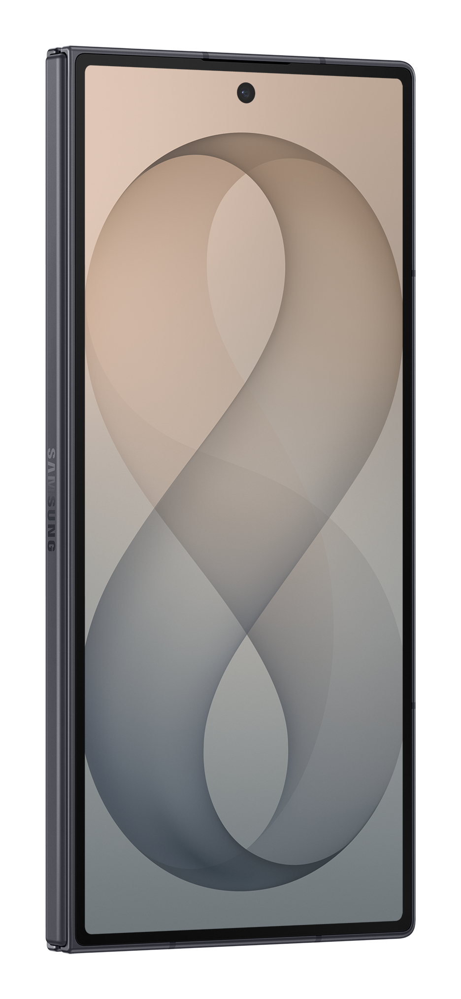 Uno smartphone con cornice scura e sfondo astratto e curvo nei toni del beige e del grigio.