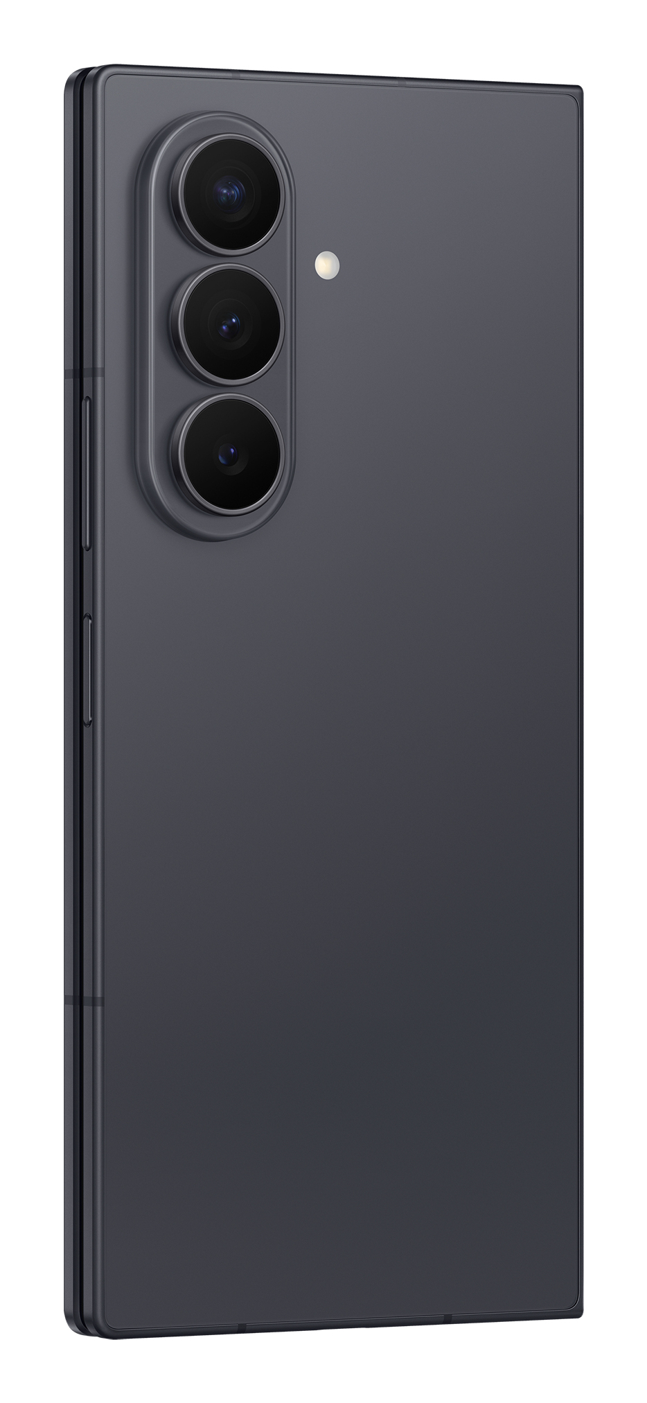 Il retro di uno smartphone grigio con un modulo a tripla fotocamera verticale e un flash.