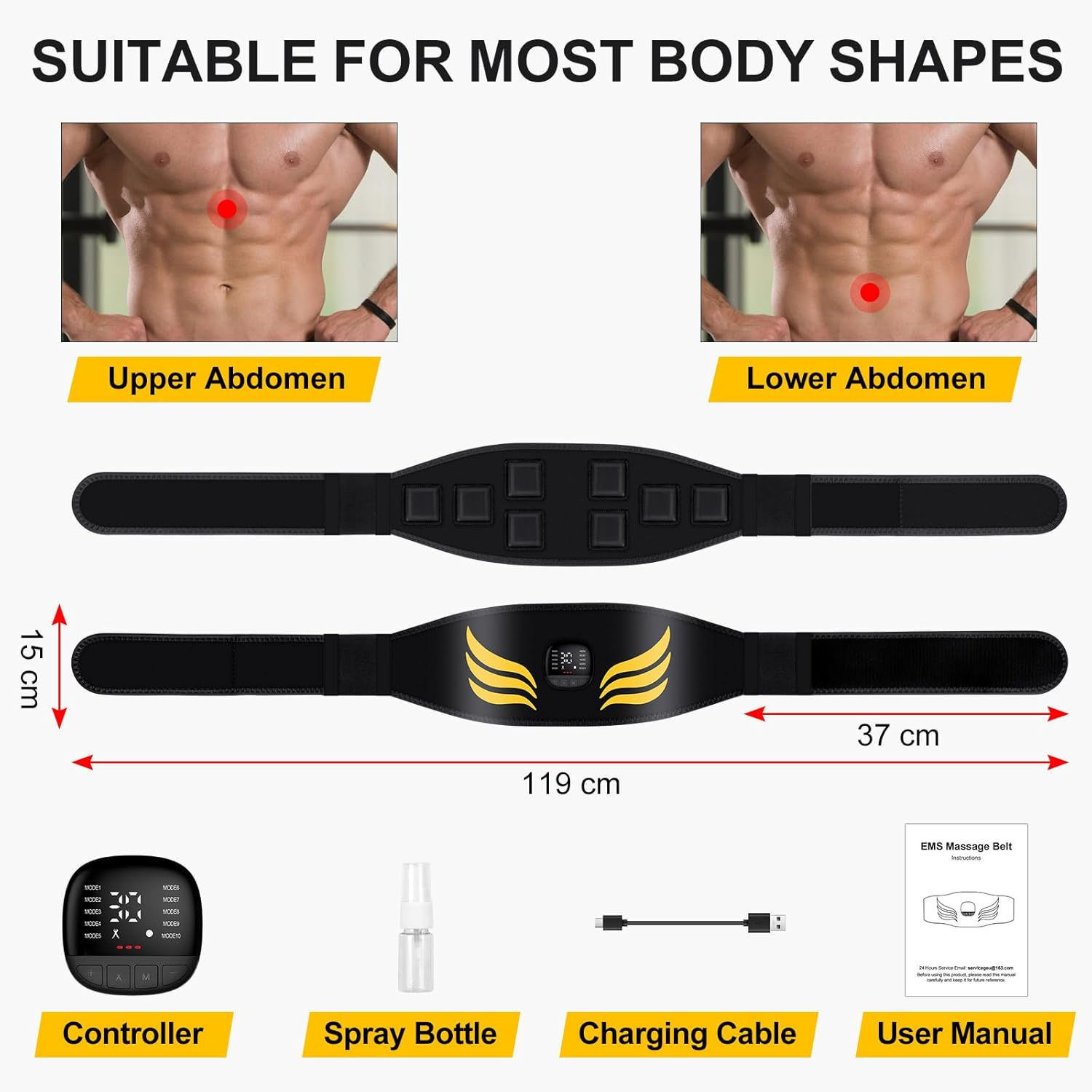 Fitnessgürtel für Ober- und Unterbauch mit Display, Spray, Kabel und Anleitung.