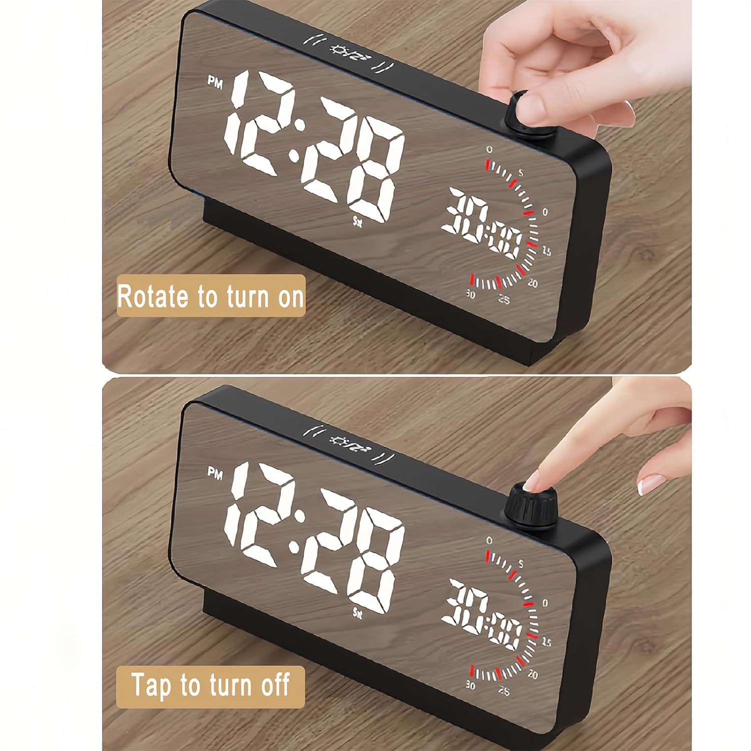 Eine Hand bedient eine digitale Uhr auf einem Holztisch, dreht und tippt auf den oberen Knopf, um sie zu steuern.