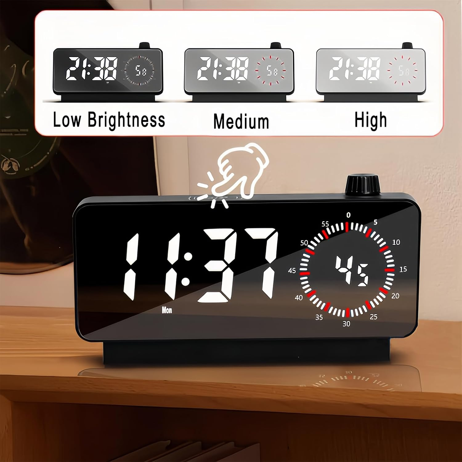 Digitale Tischuhr mit Timer, dreifach verstellbarer Helligkeit und großem LED-Display auf Holzregal.