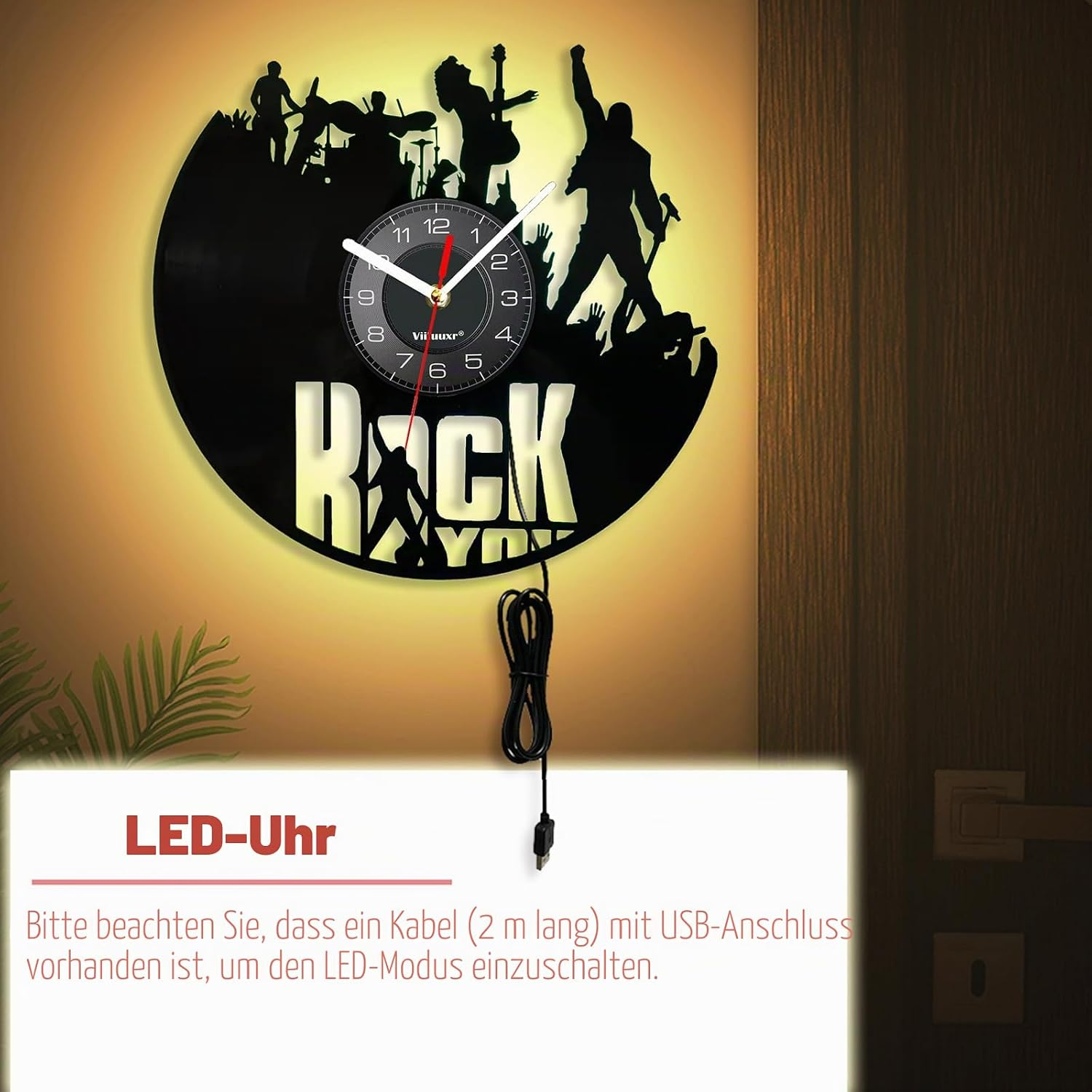 Wanduhr aus Vinyl mit Rockband-Silhouetten, beleuchtet mit LED-Hintergrundbeleuchtung.