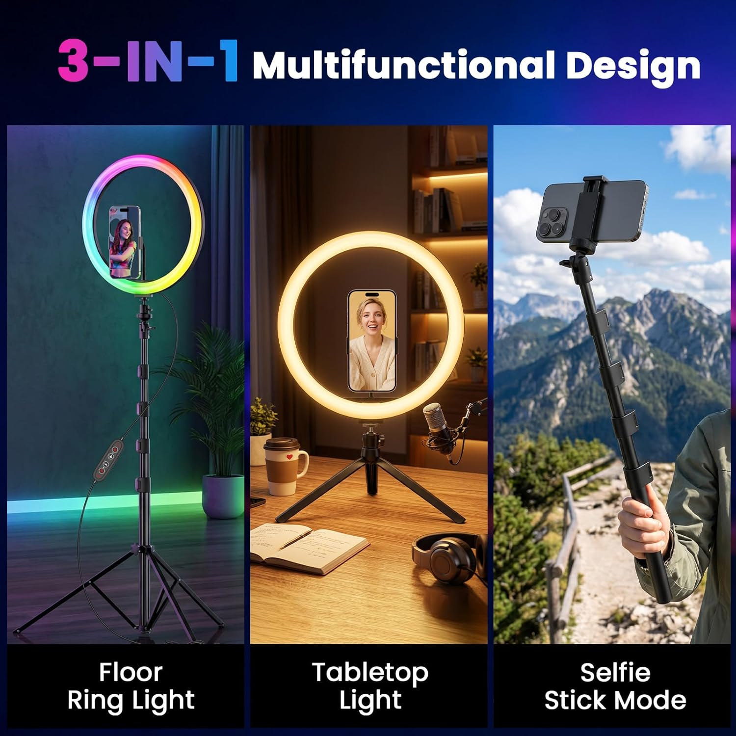 3-in-1 Multifunktionsdesign zeigt einen Boden-Ringlicht, Tischlicht und Selfie-Stick-Modus.