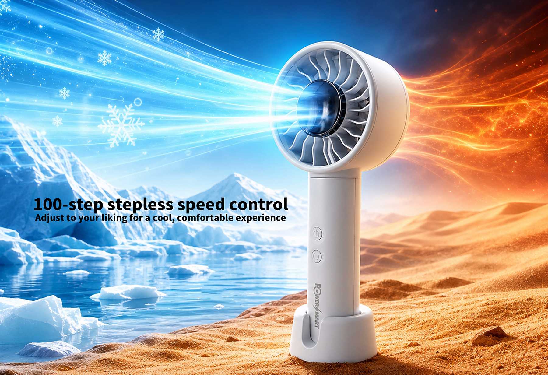 Ein weißer Handventilator steht im Sand, mit kalter blauer Luft links und warmer oranger Luft rechts.