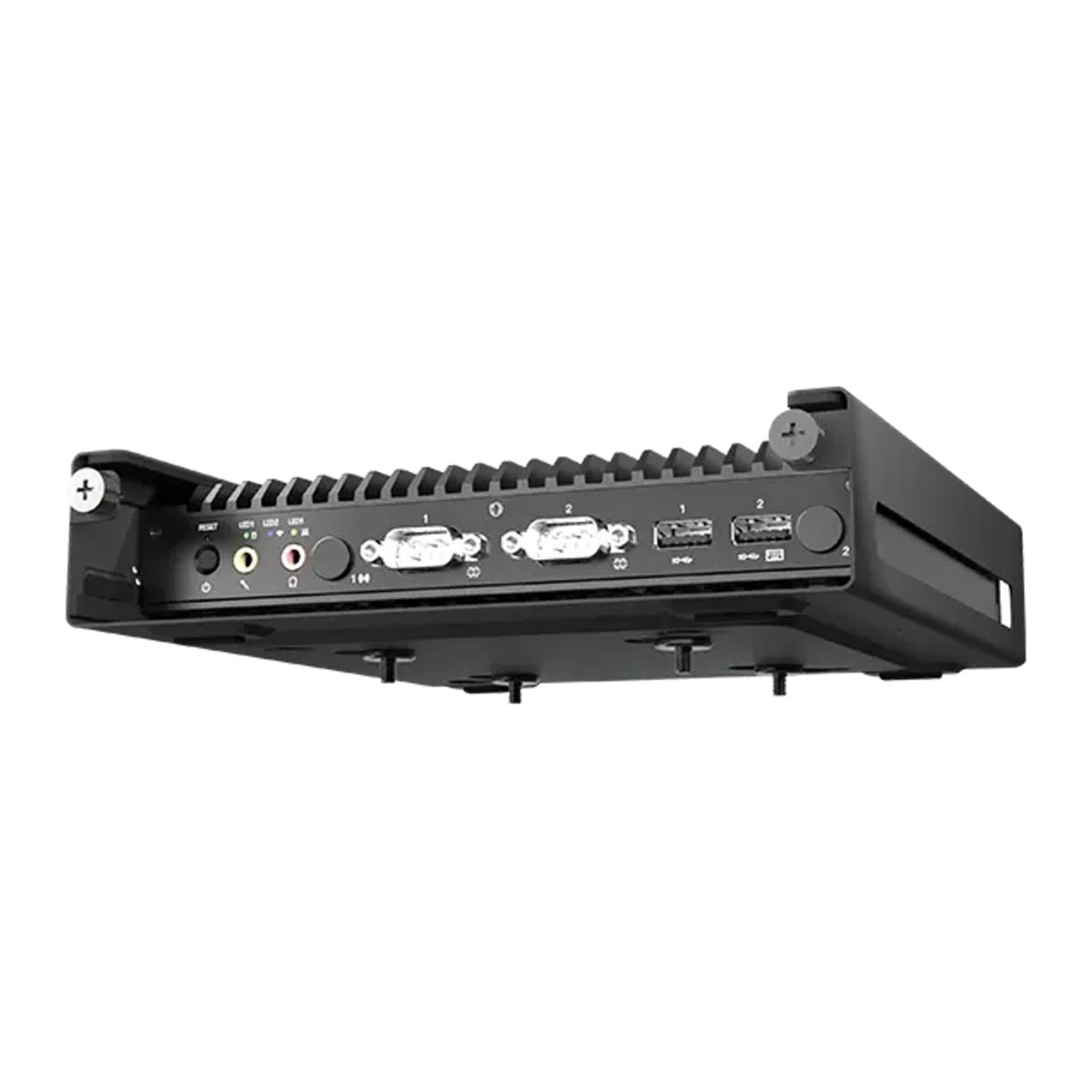 Schwarzes elektronisches Gerät mit Anschlüssen, USB-Ports und seriellen Schnittstellen auf einer Halterung.
