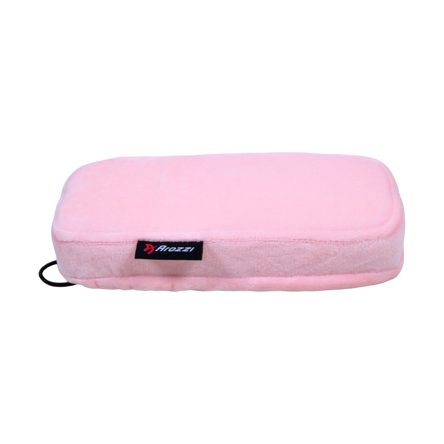 Un cuscino di peluche rosa con una piccola etichetta nera Arozzi sul davanti.