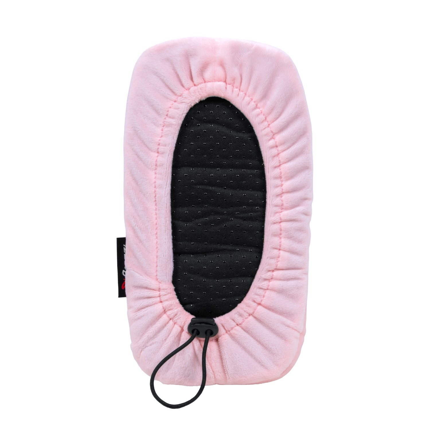 Una fodera rosa in peluche con suola antiscivolo nera e cordoncino regolabile.