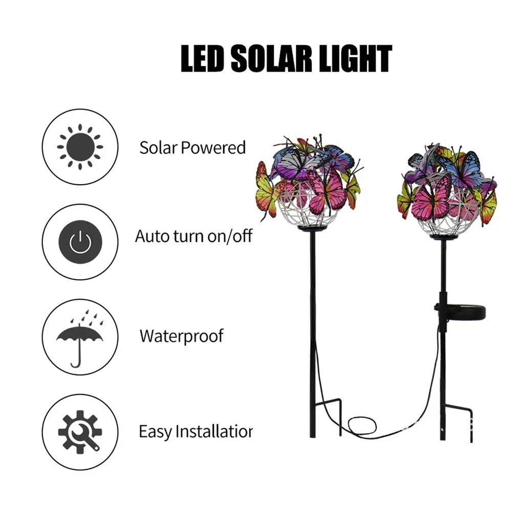 LED-Solarleuchte mit Schmetterlingen und Symbolen für Solarbetrieb, automatische Ein-/Ausschaltung, wasserdicht und einfache Installation.
