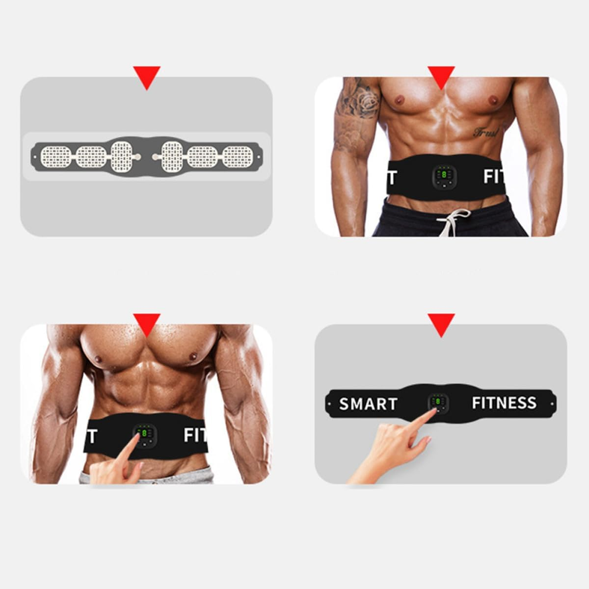 Vier Bilder zeigen EMS-Fitnessgürtel für den Bauch mit Elektrodenpads und Kontrolldisplay.