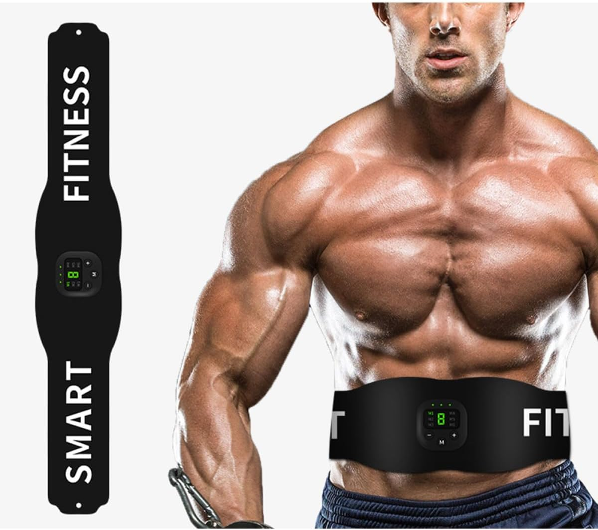 Muskulöser Mann trägt einen schwarzen Smart Fitness Gürtel an der Taille, mit separater Ansicht links.
