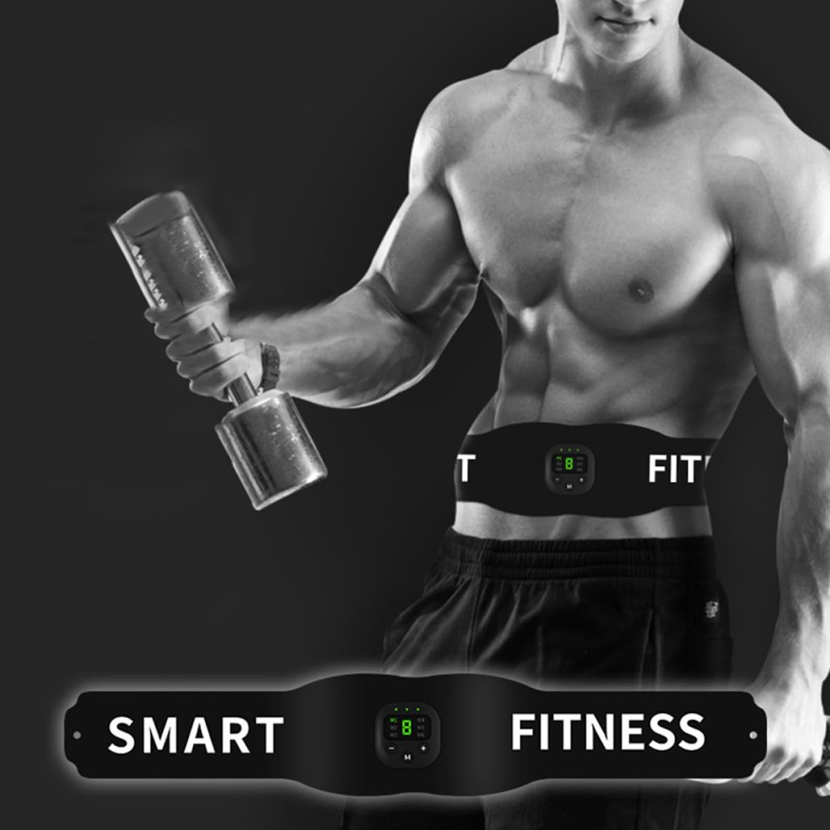 Muskulöser Mann mit Hantel und Smart Fitness Gürtel.