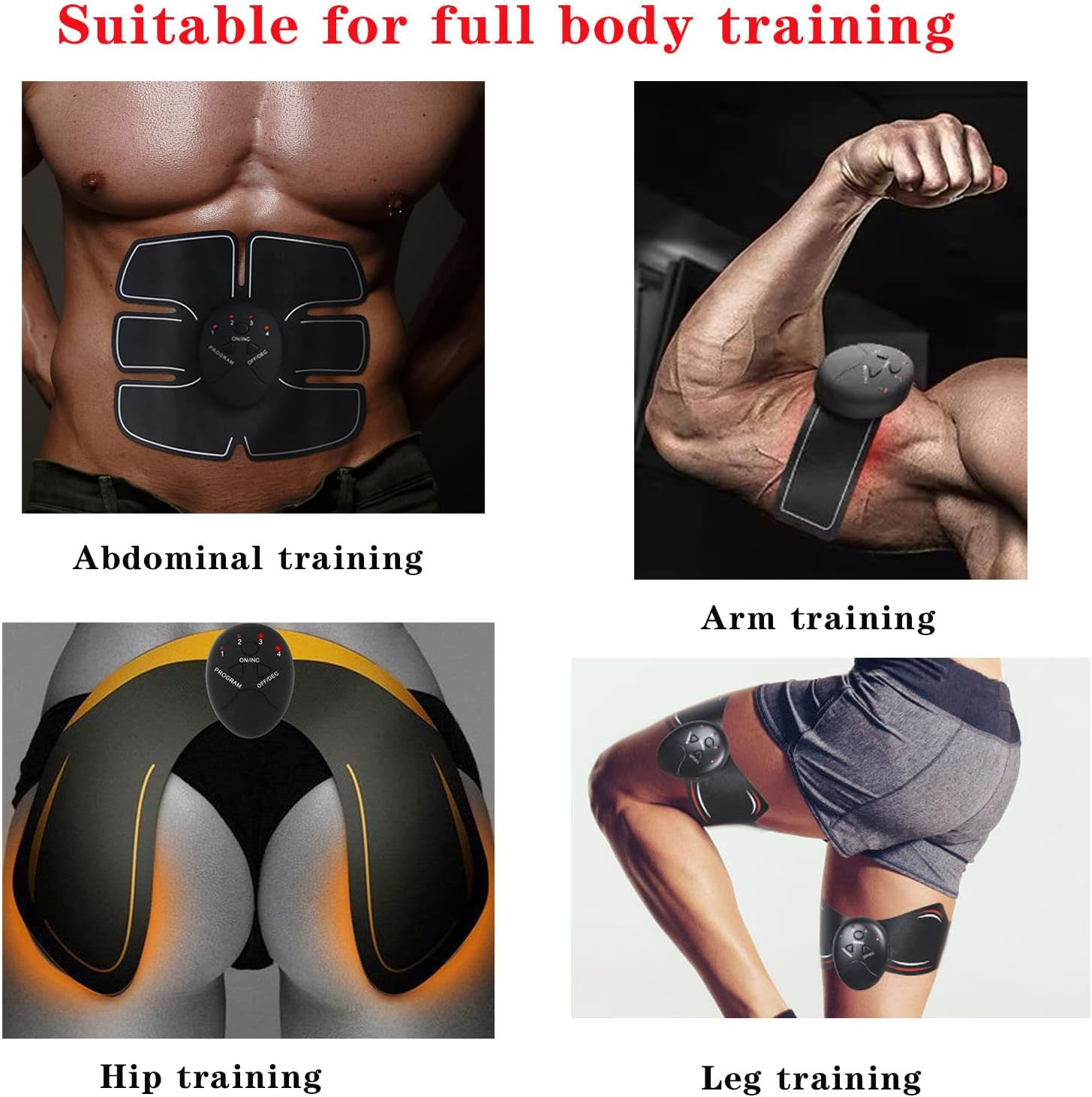 Vier Bilder zeigen EMS-Muskelstimulatoren für Bauch, Arme, Hüften und Beine zur Körperkräftigung.