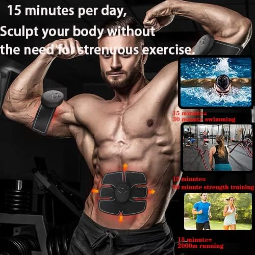 Ein muskulöser Mann mit EMS-Fitnessgeräten an Armen und Bauch, mit eingefügten Aktivitätsbildern und Text.