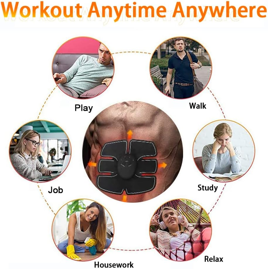 Ein Bauchmuskelstimulator wird mit verschiedenen Alltagsszenen gezeigt, die Fitness jederzeit ermöglichen.
