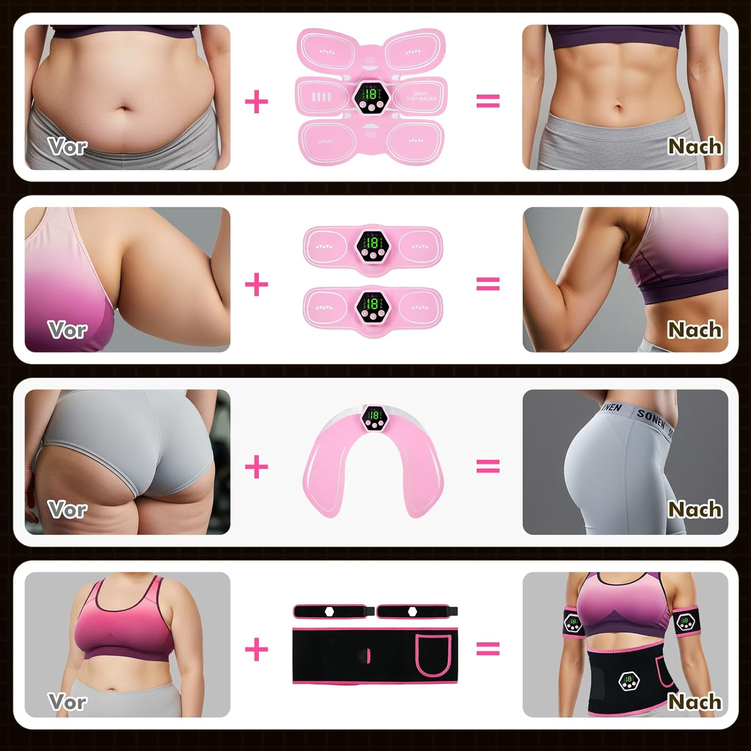 Vorher-Nachher-Bilder von Frauen, die EMS-Geräte für Bauch, Arme, Gesäß und Beine nutzen, um Muskeln zu straffen.