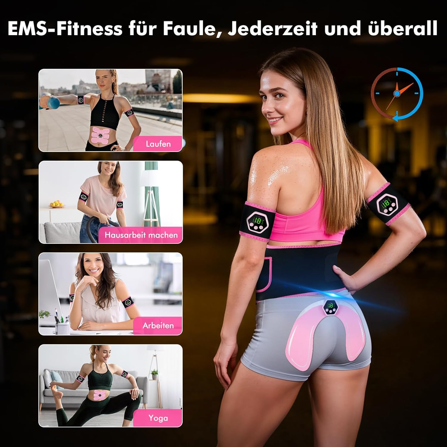Frau trägt EMS-Geräte an Armen, Taille und Gesäß für Fitness beim Laufen, Hausarbeit, Arbeiten und Yoga.