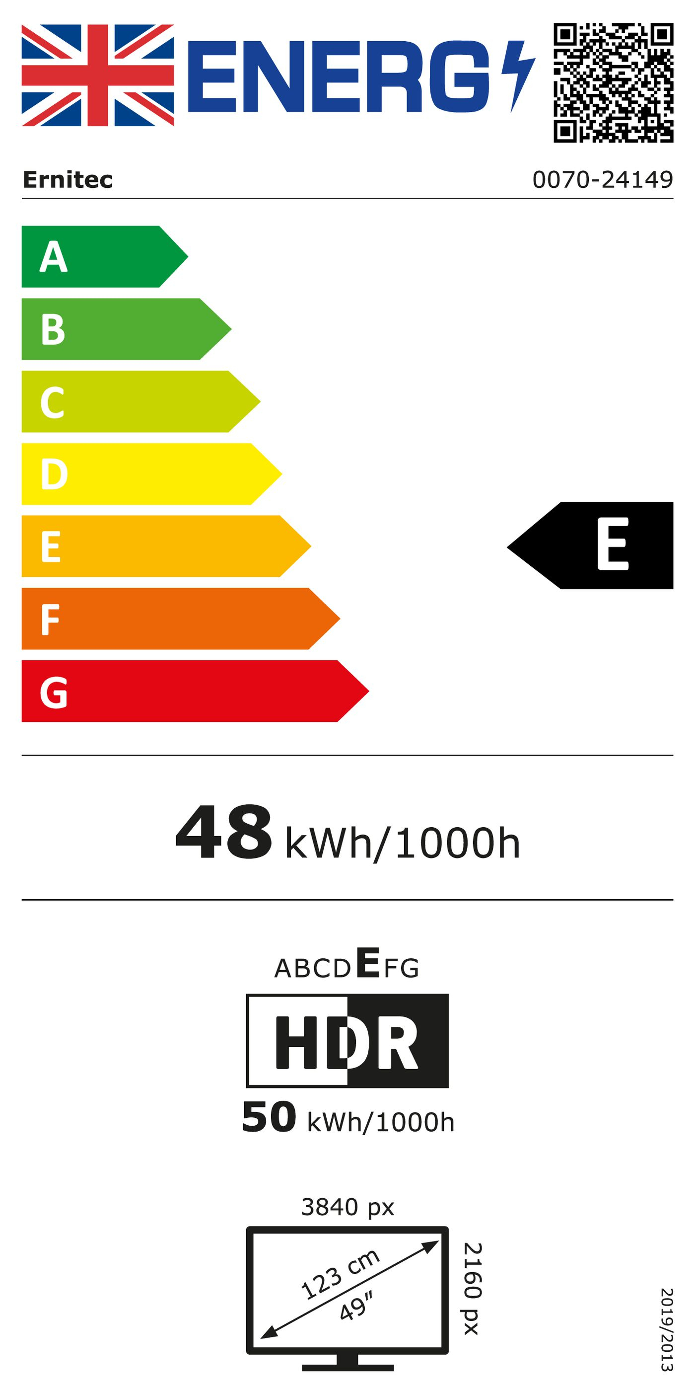Etichetta energetica schermo Ernitec, classe E, consumo 48 kWh, HDR e 49 pollici.