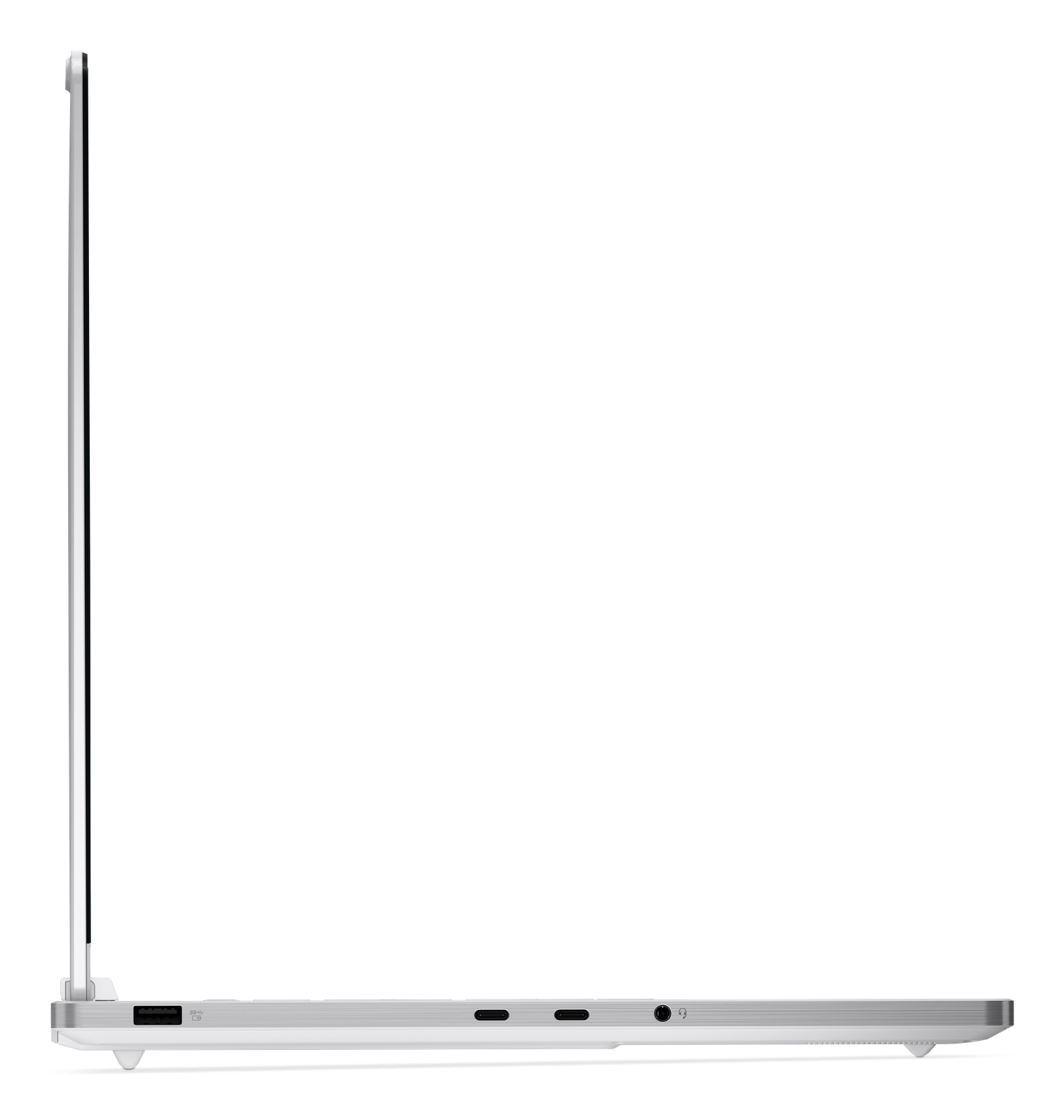 Seitenansicht eines dünnen silbernen Laptops mit sichtbaren Anschlüssen und geschlossener Anzeige.