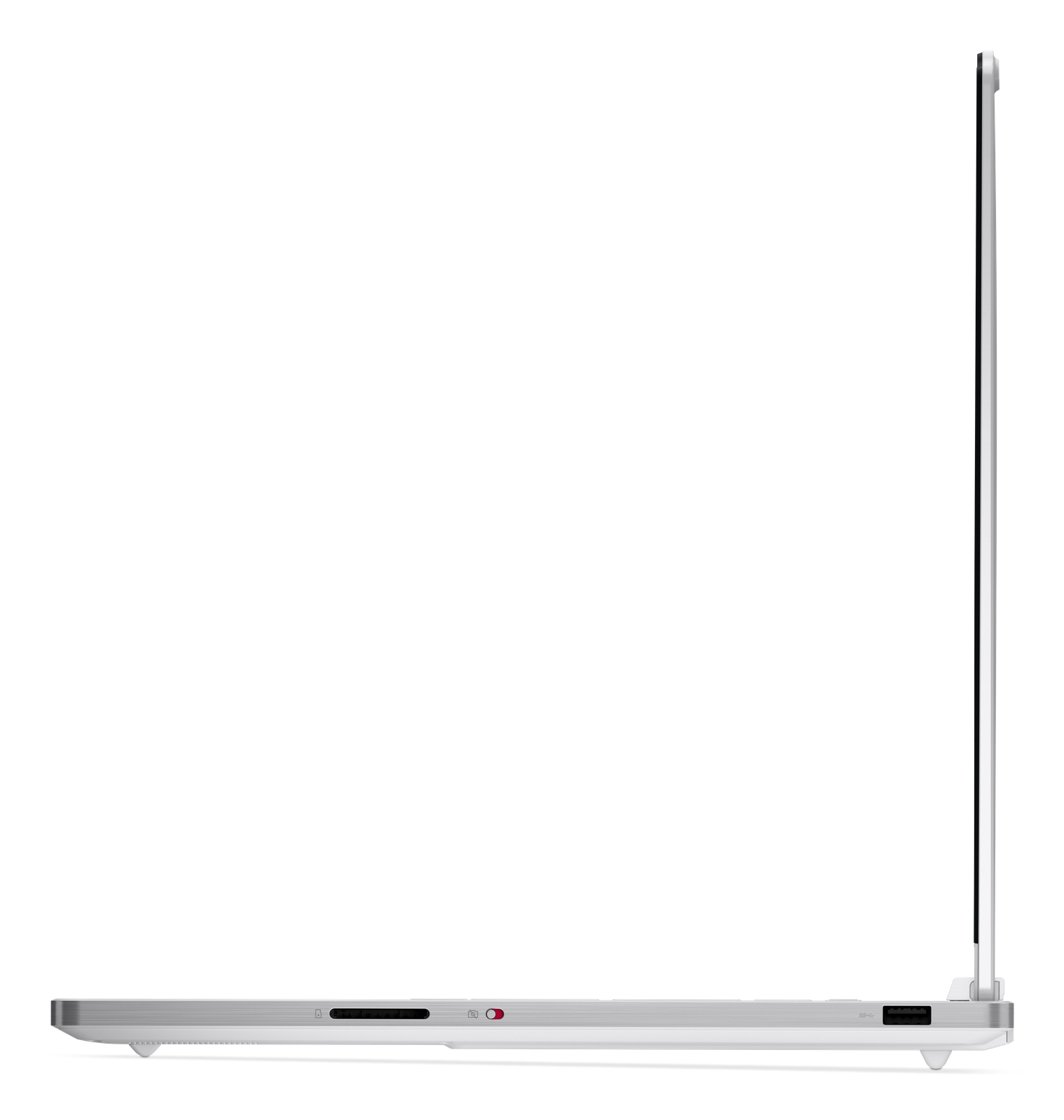 Ein silberner Laptop wird von der rechten Seite gezeigt, mit Anschlüssen, einem Schalter und schlankem Profil.