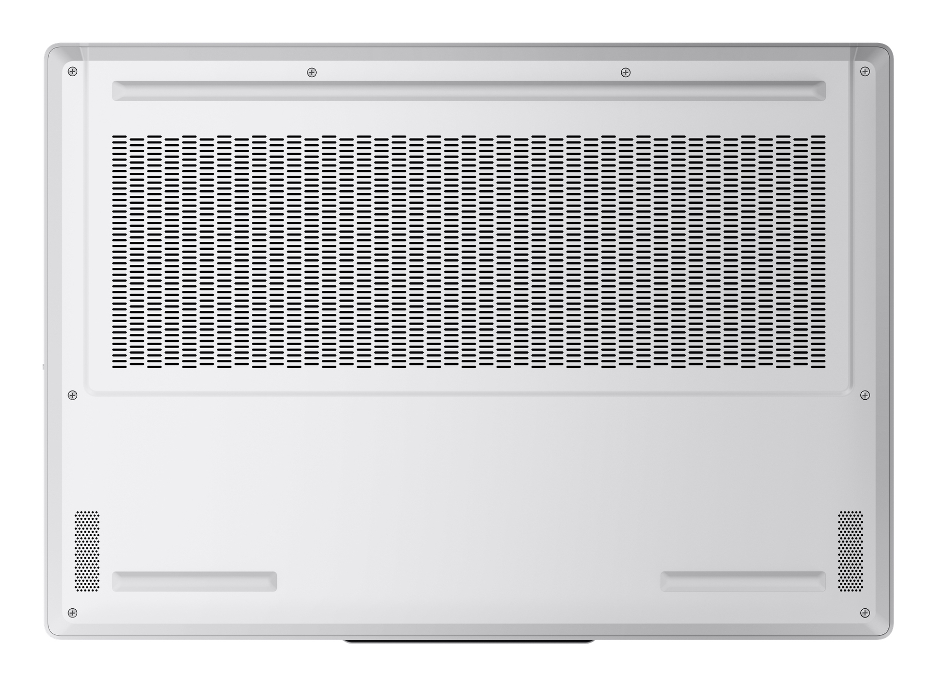 Unterseite eines silbernen Laptops mit großem Lüftungsgitter und kleinen Lautsprechern.